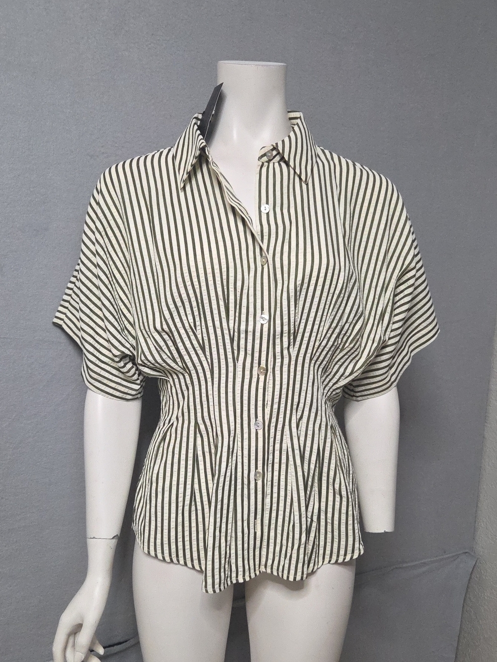 Women's Striped Button Down Shirt, Olive and White, Size small P2p 20